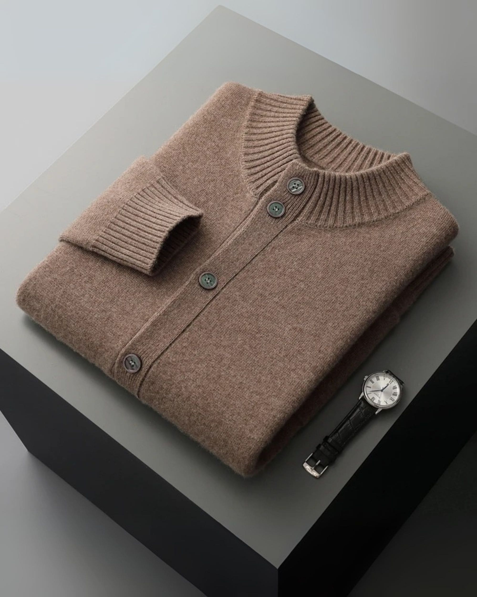 100% Cashmere High-Neck Buttoned Cardigan