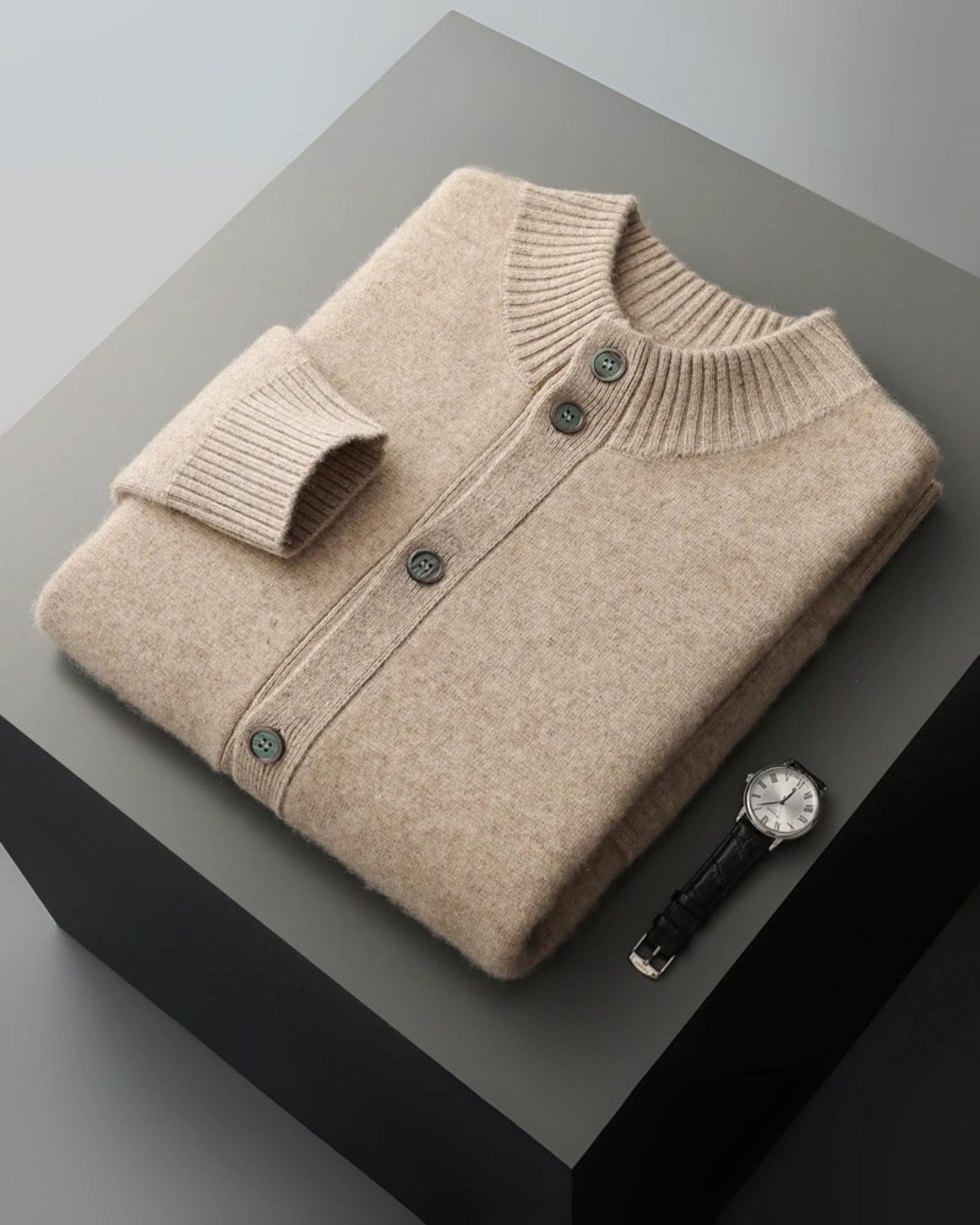 100% Cashmere High-Neck Buttoned Cardigan